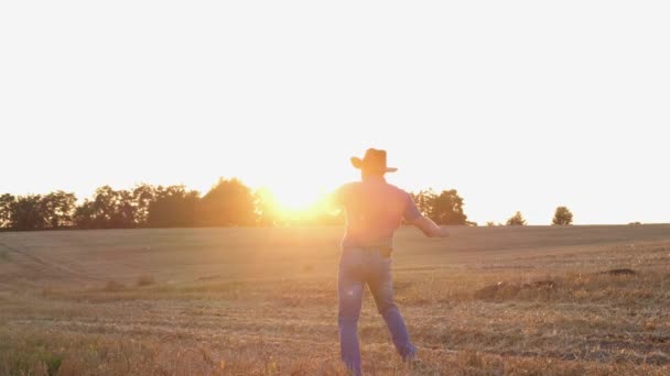 Silhouette eines Bauern, der bei Sonnenuntergang auf einem Weizenfeld tanzt. Ein Dorfarbeiter — Stockvideo