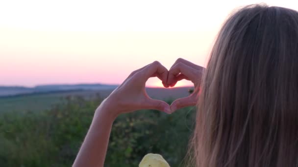 在粉色夕阳的背景、爱与健康的概念上表现出手部的动作 — 图库视频影像