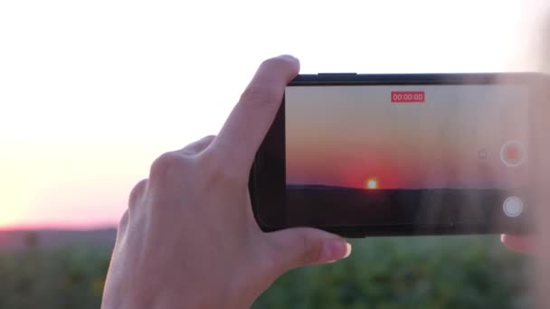Pink zonsondergang, meisje nemen van foto 's op de smartphone. — Stockvideo