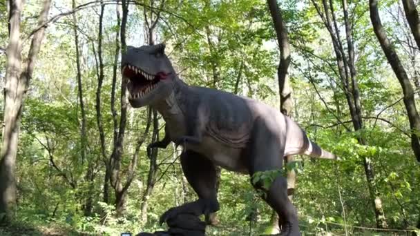 Вымершие динозавры. Перемещение моделей динозавров, они находятся в парке развлечений. — стоковое видео