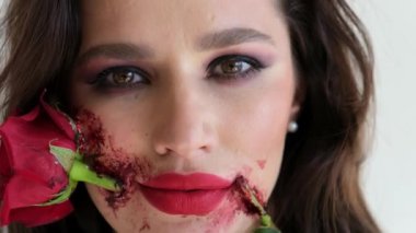 Cadılar Bayramı ya da La Calavera partisi. Ölülerin günü için sanatsal makyaj, Yüzünde bir gül