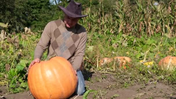 Een boer demonstreert zijn oogst, hij heft een grote pompoen op.. — Stockvideo