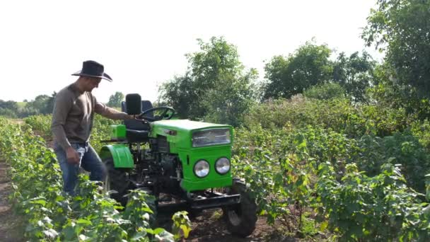El agricultor se mete en su tractor, el comienzo de la cosecha. — Vídeos de Stock