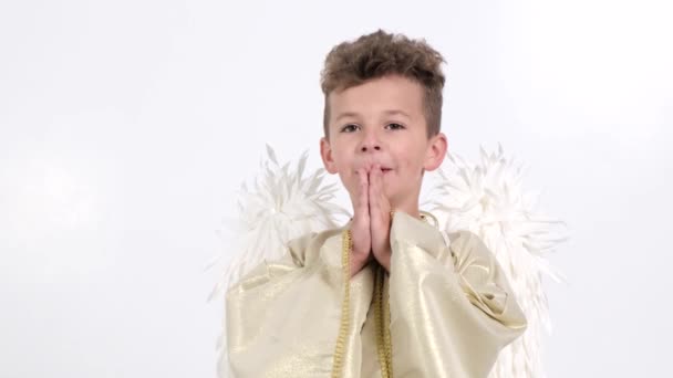 A kisfiú imádkozik, fehér szárnyai vannak, fehér háttérrel. — Stock videók