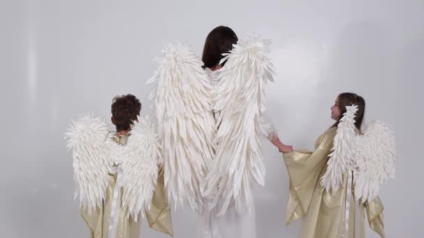 Семья с крыльями ангела на белом фоне, они в дыму — стоковое видео