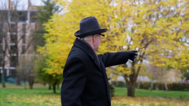 Viejo abuelo camina en el parque en un día de otoño. — Vídeos de Stock