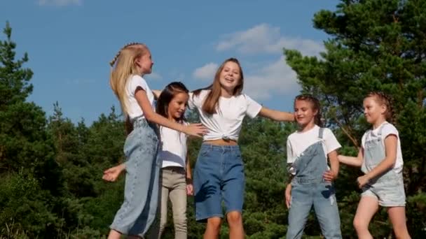 Piękne szczęśliwe dziewczyny dając zabawy w obozie przyrody. — Wideo stockowe