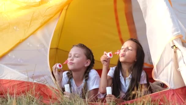 Las chicas dejaron salir la burbuja de la varita de burbujas. — Vídeos de Stock