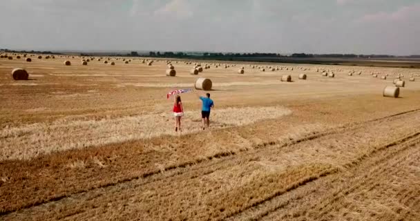A young happy couple runs carefree and jumps on a wheat field. Holding the USA flag — Stock Video