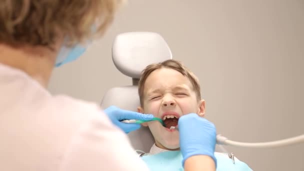 子供は歯医者にいて、歯医者は赤ん坊の歯を検査する。ペイン歯科治療、子供の世話 — ストック動画