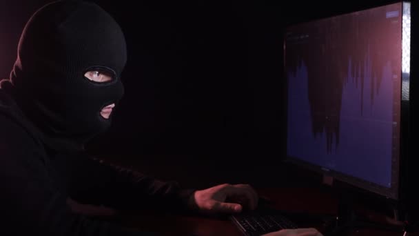 Highly dangerous hacker. A man with a masked face speaks into the camera. — Stock Video