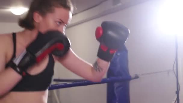 Beautiful woman with boxer trains punches in the ring. The brutal force of the girl. — Stockvideo