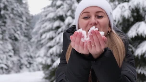 Piękna dziewczyna trzęsie śniegiem z gałęzi drzewa, jest szczęśliwa i uśmiechnięta, bawiąc się śniegiem — Wideo stockowe