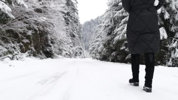 Super câmera lenta 240 quadros de uma menina andando em uma estrada nevada na floresta de inverno. — Vídeo de Stock