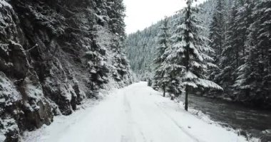 Dağlardaki dağ yolu, karla kaplı orman, yakınlarda bir dağ nehri..