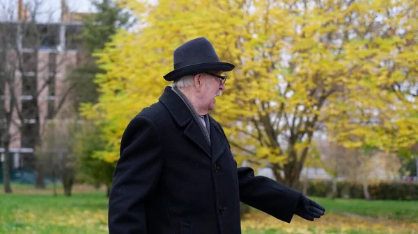 Az öreg nagyapa egy őszi napon sétál a parkban.. — Stock Fotó