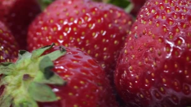 Red juicy ripe strawberries, close up, delicious summer berries. Rotating strawberry background. — Stockvideo
