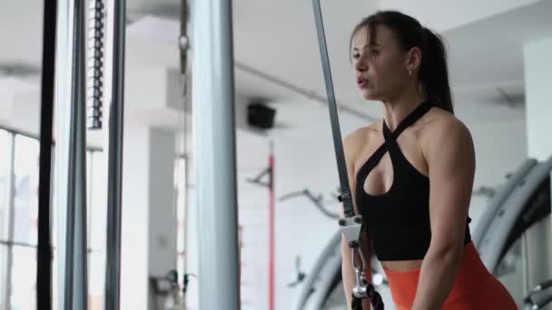 Mujer atlética entrena los músculos de la espalda en simulador lat en el gimnasio. Chica de entrenamiento en el gimnasio. — Vídeos de Stock