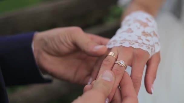 Día de la boda. El novio coloca el anillo en la mano de las novias. Primer plano de la foto — Vídeos de Stock