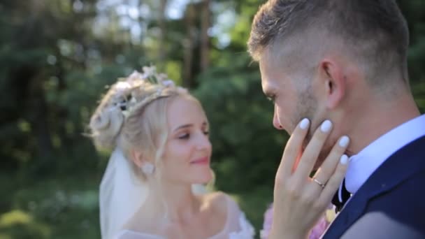 Hermosa novia y novio abrazando y besándose en el día de su boda — Vídeo de stock