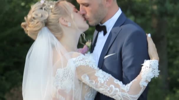 Hermosa novia y novio abrazando y besándose en el día de su boda — Vídeos de Stock