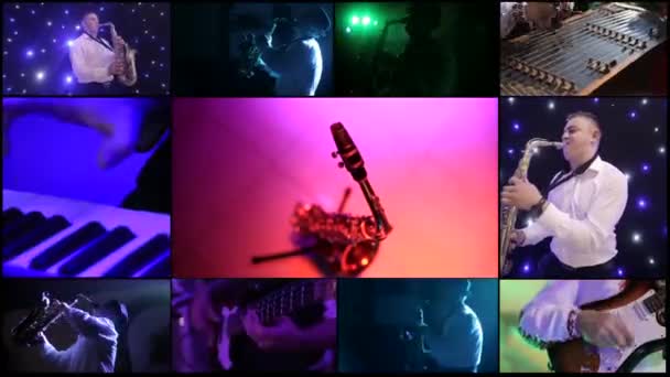 Collage with different musicians - saxophonist, guitarist, singer, pianist — Stockvideo
