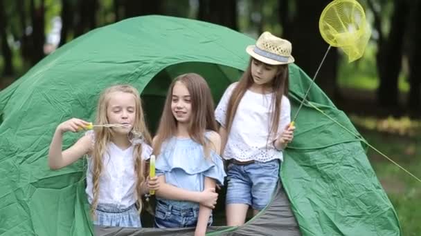 Lachende kinderen liggend in de tent in het park — Stockvideo