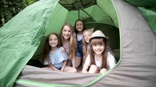 Little children play in a tent in the park — Stockvideo