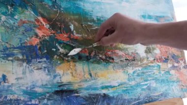 Close up of drawing picture. Abstract works of art. Painting on canvas, creative, modern