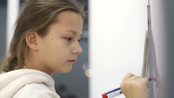 Piccola studentessa scrive un pennarello sulla lavagna a scuola. — Video Stock