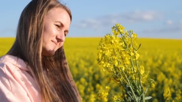 Mladá krásná dívka drží žlutou kytici na řepkovém poli. Dlouhé květiny na dosah ruky — Stock video