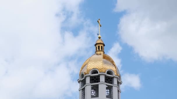 Krásné zlaté kupole řeckokatolické církve na pozadí modré oblohy, létající ptáci — Stock video