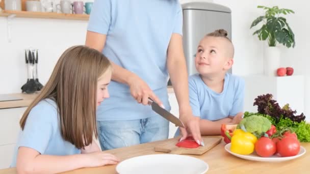 Mãe Crianças Cortam Legumes Frescos Cozinha Uma Família Feliz Prepara — Vídeo de Stock
