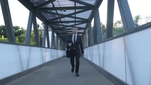 Male Manager Briefcase Rushes Work Young Businessman Runs Work Sunny — Stock Video