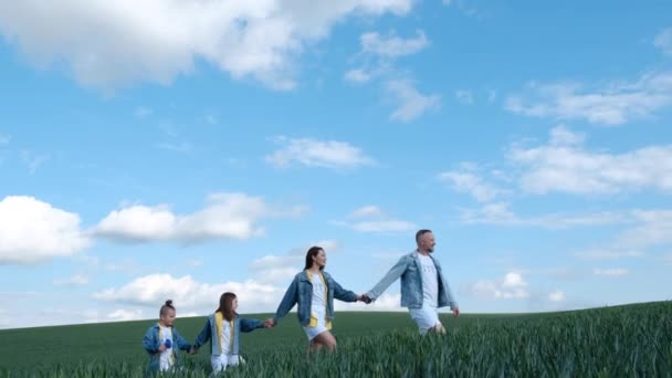 夏の日に家族の散歩 フレンドリーな家族の概念 子供も幸せな親も緑の畑の真ん中を歩いています 幸せな家族 — ストック動画