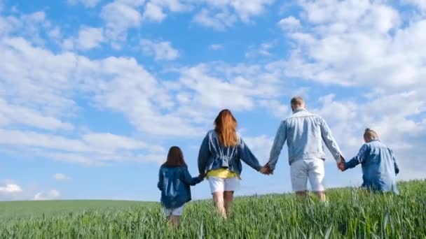 Keluarga Bahagia Berpegangan Tangan Lapangan Hijau Ibu Ayah Anak Dan — Stok Video