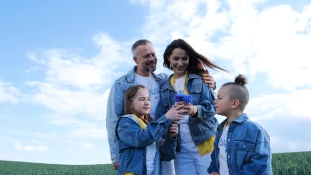 Rodzina Polu Tle Błękitnego Nieba Rodzinne Wycieczki Rodziców Dzieci Szczęśliwa — Wideo stockowe