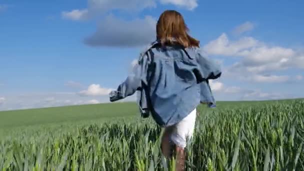 田舎の幸せな10代の女の子が畑を走っている 小麦畑の幸せな農家の女の子 その少女は背の高い緑の草の上で遊んで走ります 自由の概念 — ストック動画