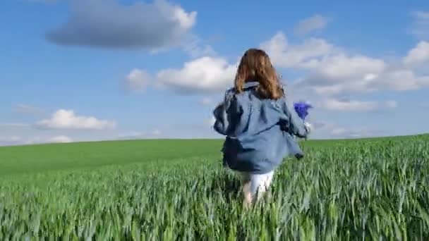 Una Bambina Anni Corre Attraverso Campo Con Erba Alta Verde — Video Stock
