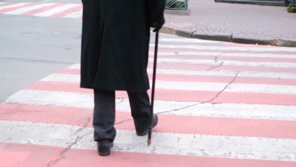 Visually Impaired Elderly Man Moving Slowly Crosswalk View Legs Feet — Stock Video