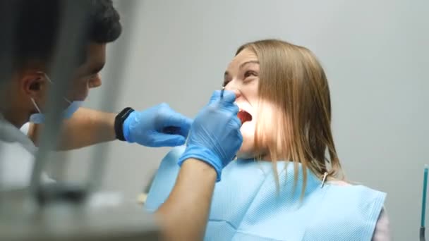 Scared Girl Treats Teeth Modern Clinic Cowardice Fear Dentist Dentist — Stock Video