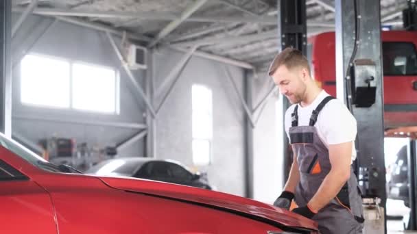 Mechanic Lifts Hood Car Inspects Engine Work Car Mechanic Video — Stock Video