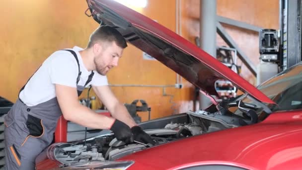 Een Knappe Professionele Automonteur Repareert Een Automotor Autodienst Diagnose Van — Stockvideo