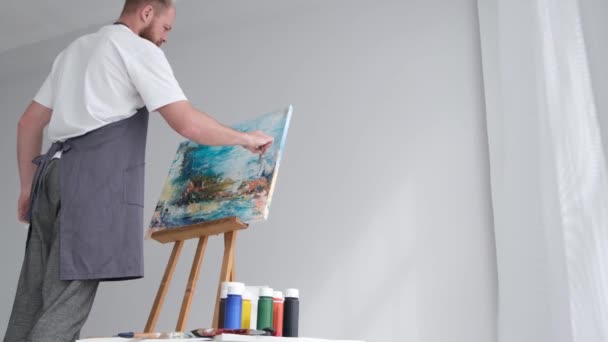 Portrait Talented Artist Working Landscape Painting Uses Brush Create Boldly — Wideo stockowe