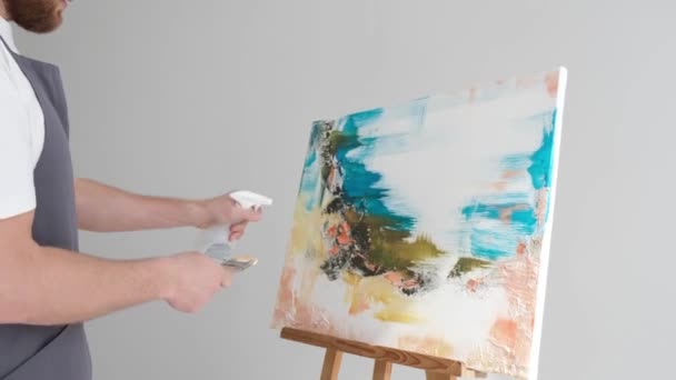 Talented Man Stands Front Easel Paints Abstract Picture Talented Artist — Stockvideo