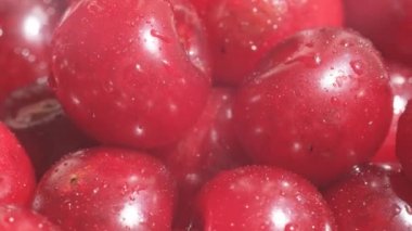 Kırmızı, sulu, üzerine su damlaları düşen tatlı kirazlar. Sağlıklı beslenme kavramı