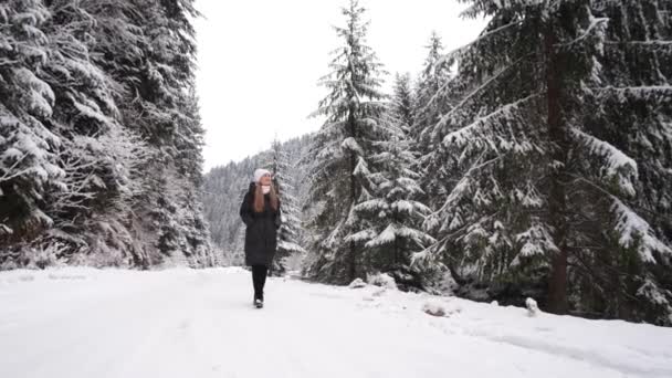 Lonely Girl Walks Snowy Road Middle Christmas Trees Winter Snowy — Stock video