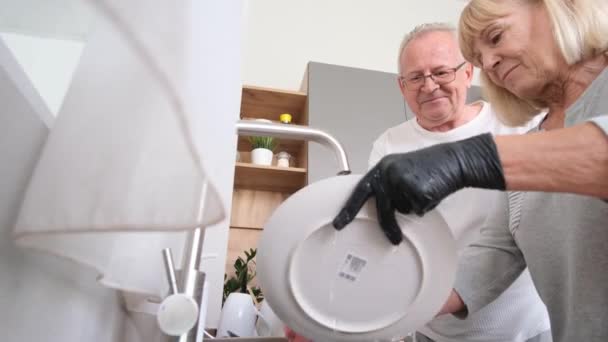 Gray Haired Grandfather Grandmother Wash Dishes Kitchen Happy Pensioners Spend — Video