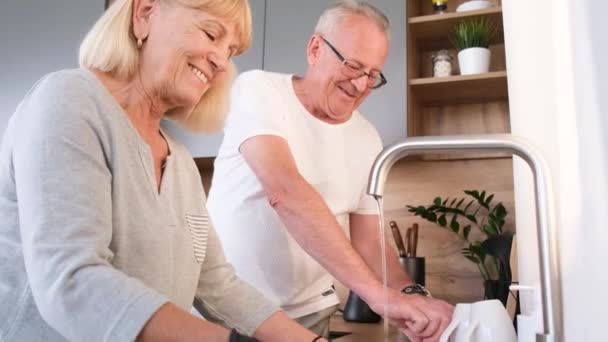 Ein Älteres Ehepaar Mit Schutzhandschuhen Erledigt Der Küche Hausarbeit Wischt — Stockvideo