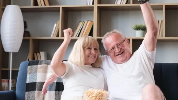 Senior Couple Basketball Fans Watching Sports Games Sitting Together Couch — 图库视频影像